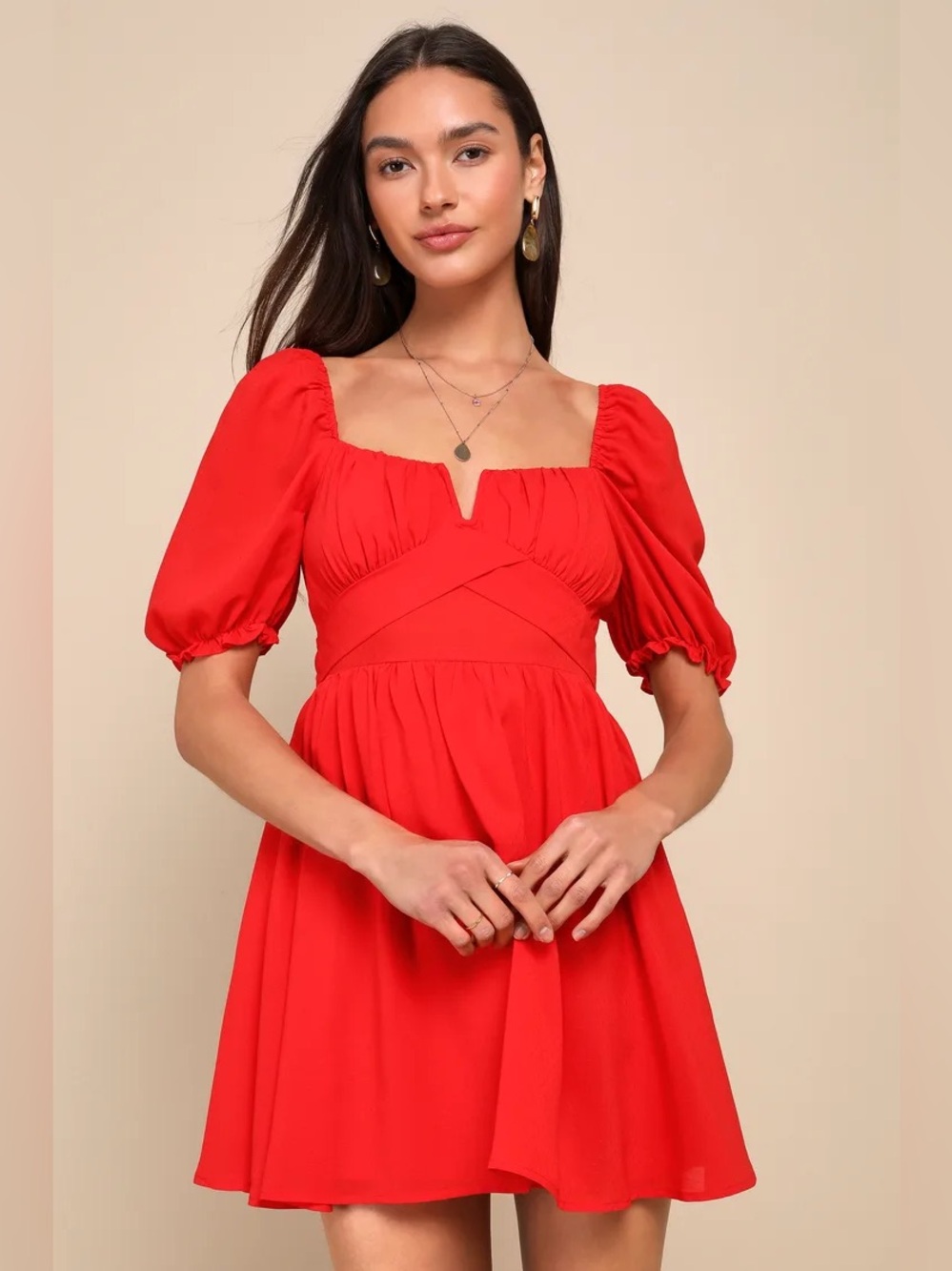 NWT LULUS Blissful Charm Red Puff Sleeve Notch Neck Mini Dress